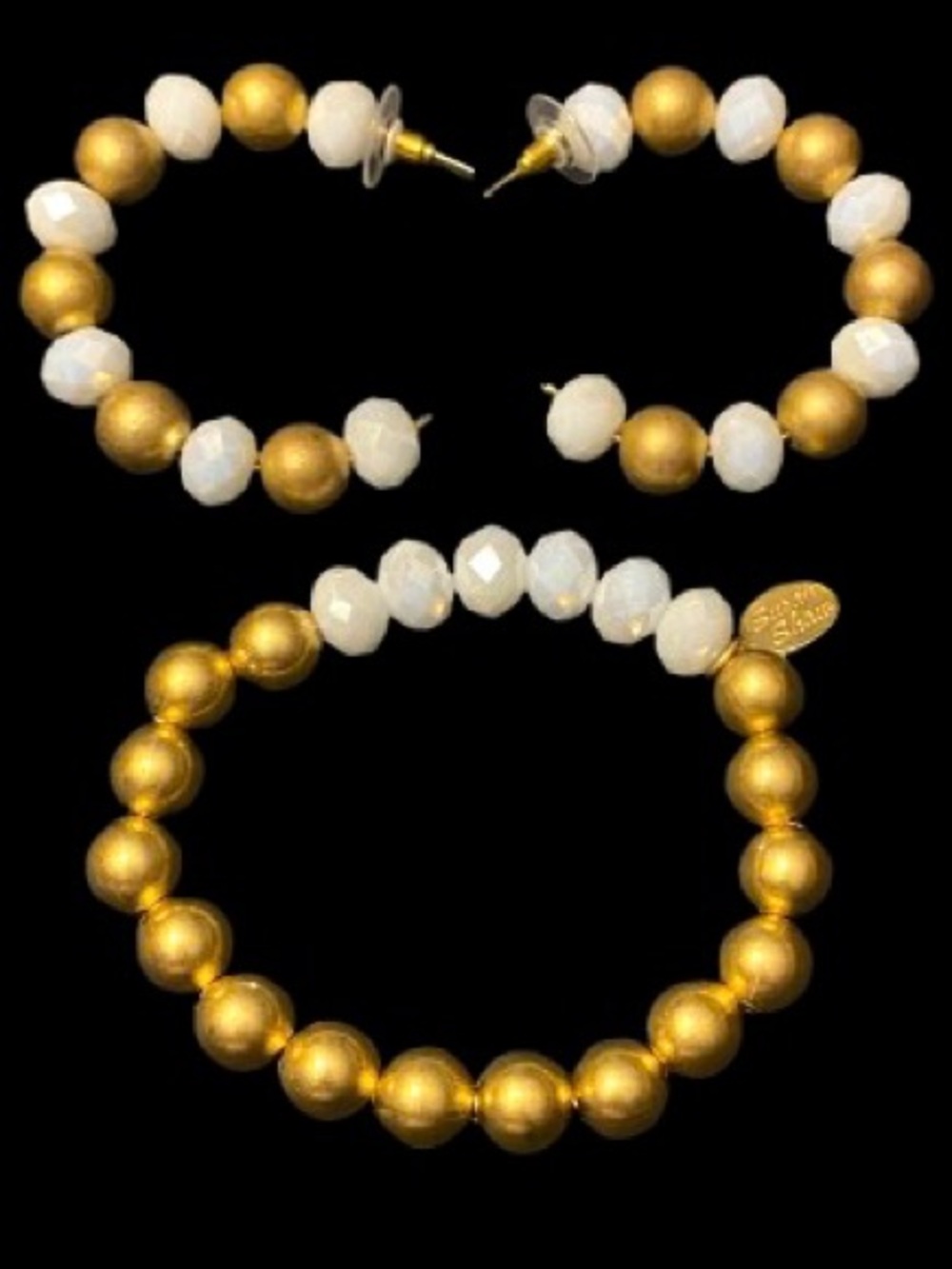 Susan Shaw Gold and White Beaded Faceted Hoop Earrings & Bracelet Set Signed